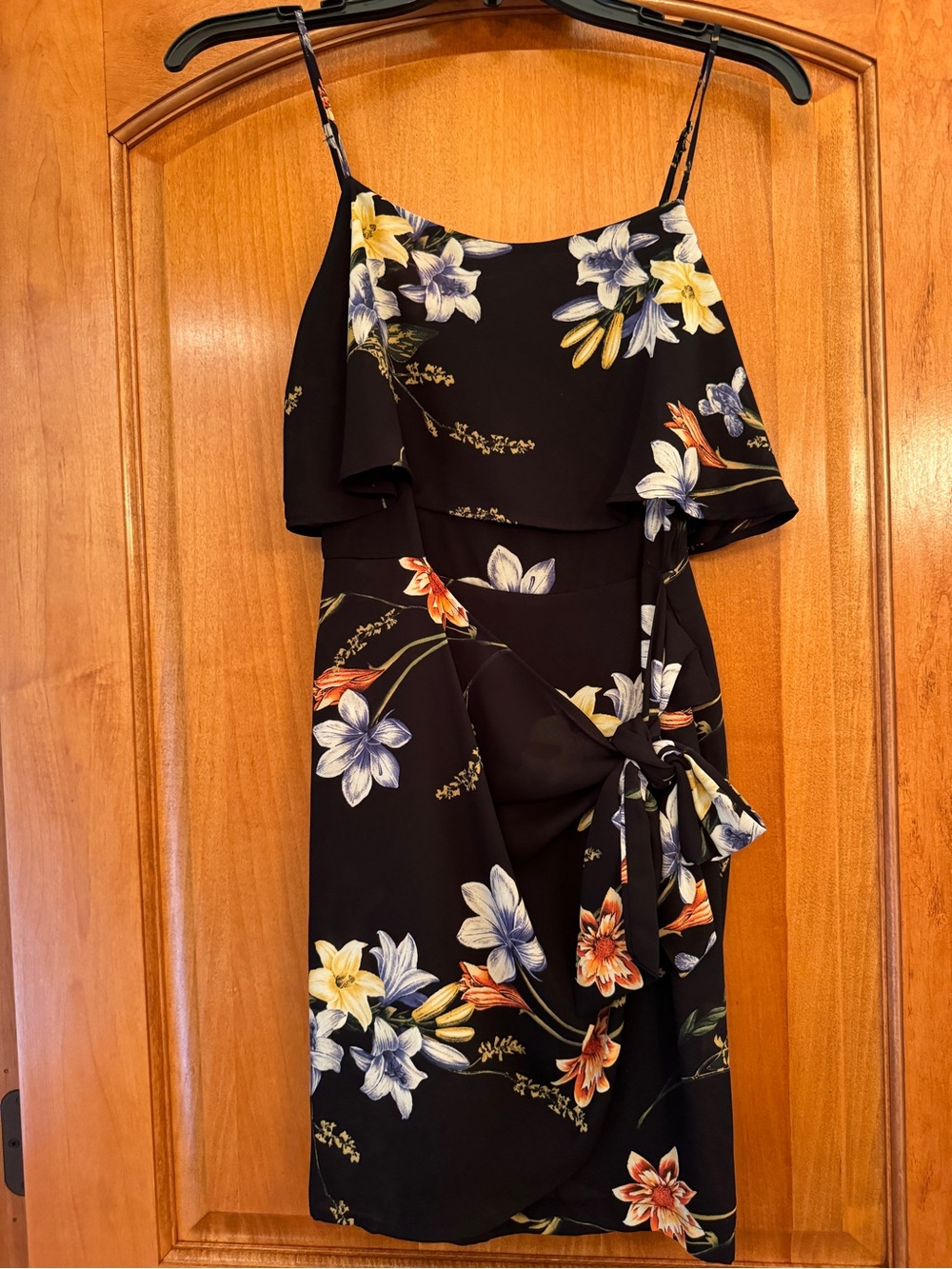 Lush Black Floral Tie-Waist Mini Dress with Spaghetti Straps